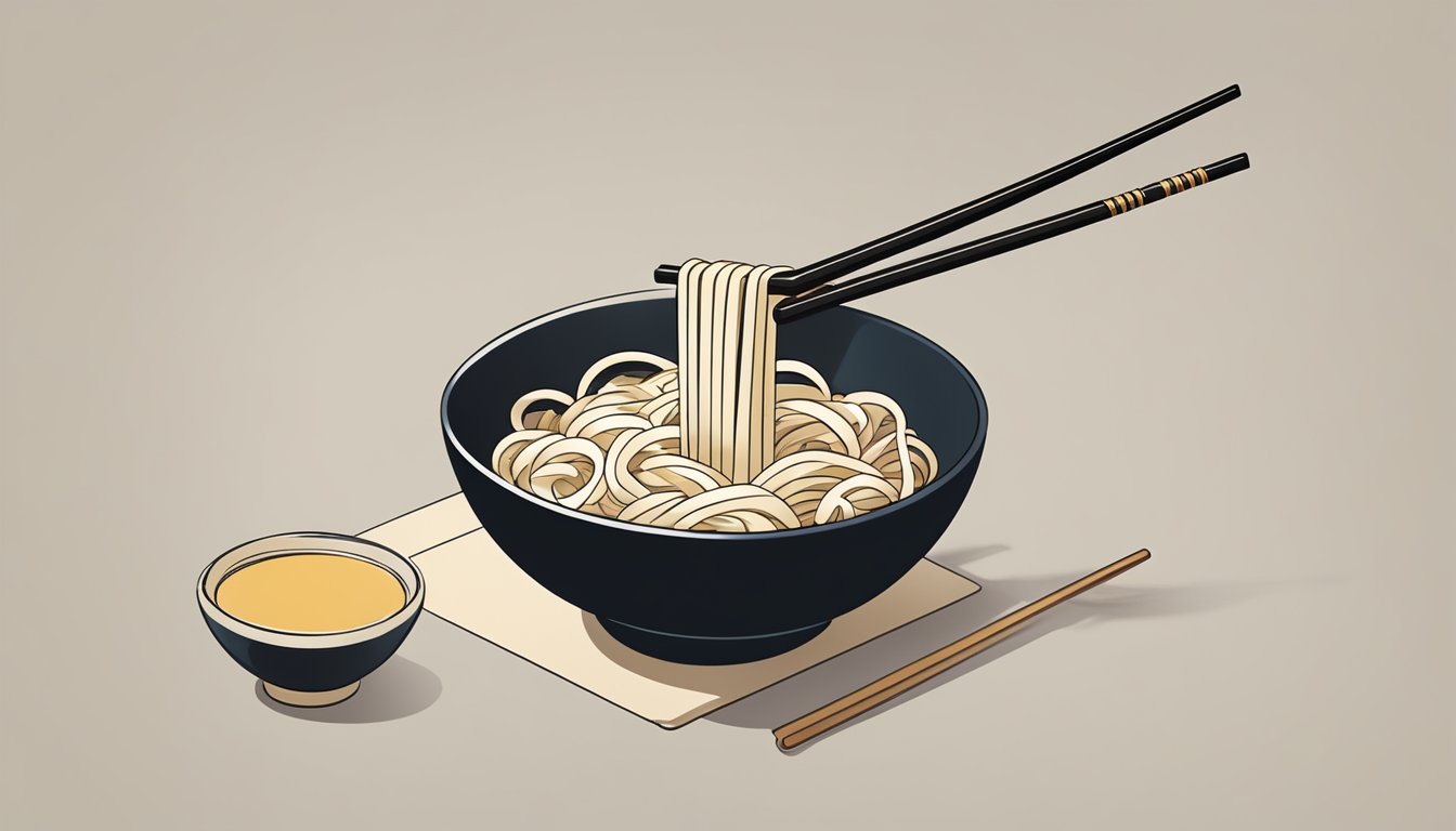 A pair of chopsticks lifting udon noodles from a steaming bowl, with a decorative chopstick rest nearby