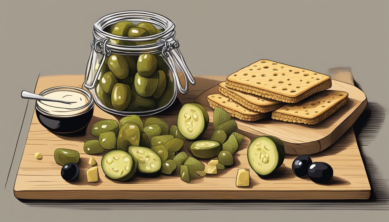 A gherkin sliced into thin rounds, arranged on a wooden board with cheese, crackers, and olives. A jar of gherkins sits nearby