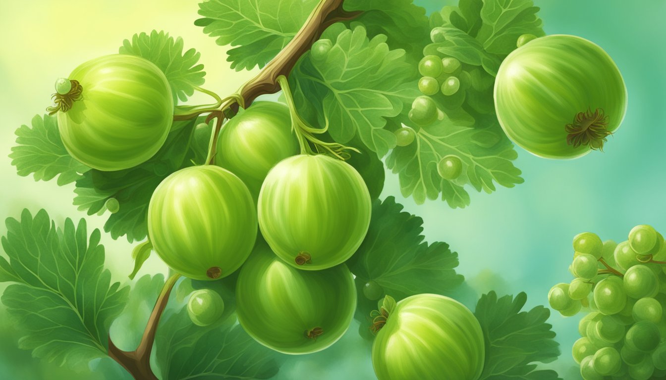 A gooseberry being plucked from a bush and held up to the light, its vibrant green color and prickly texture on display