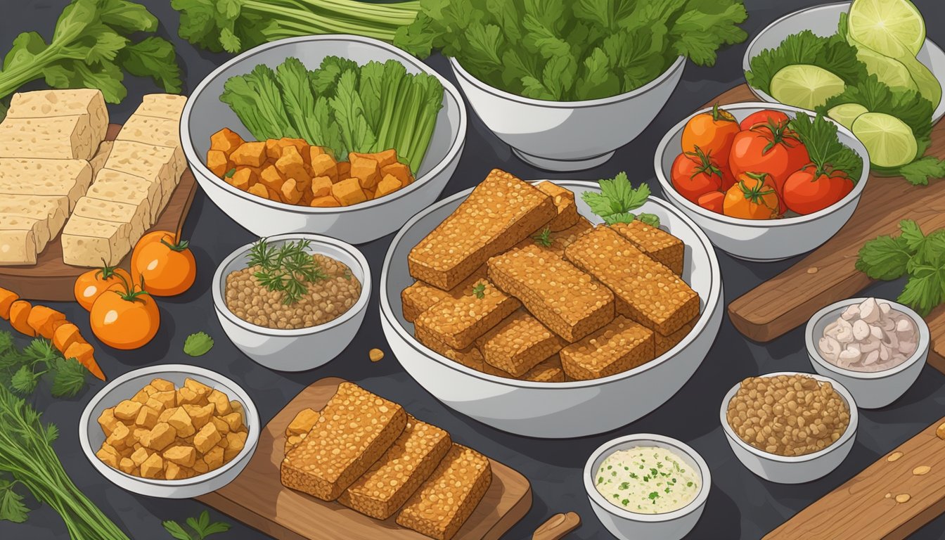 Tempeh being sliced and marinated in a bowl with various seasonings and sauces, surrounded by fresh vegetables and herbs on a wooden cutting board