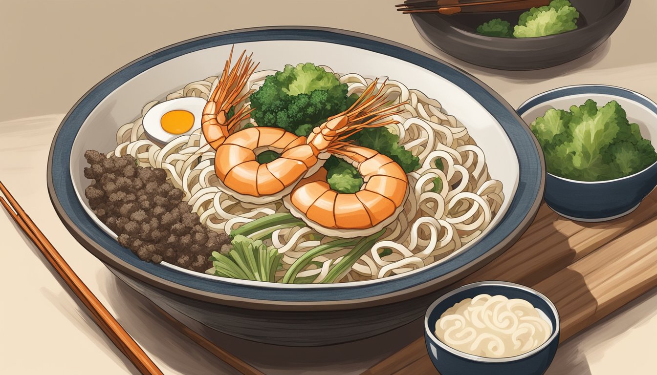 A steaming bowl of udon sits on a wooden table, surrounded by crispy tempura shrimp and vegetables. Chopsticks rest on a ceramic holder beside the bowl