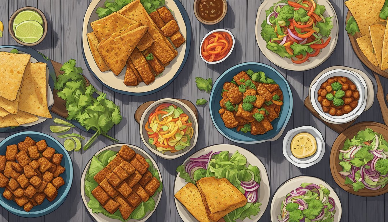 A colorful array of tempeh dishes on a wooden table, including tempeh stir-fry, tempeh tacos, and tempeh salad