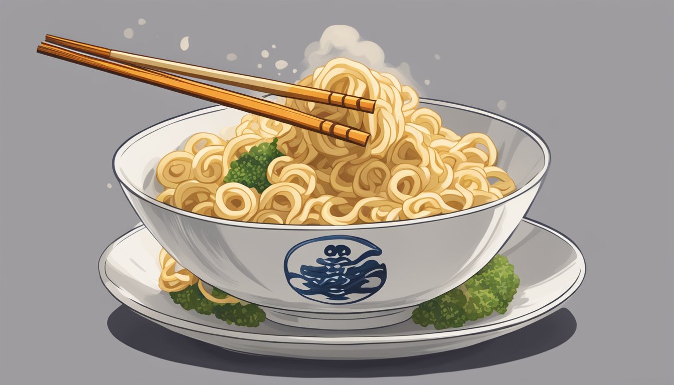 A pair of chopsticks lifting a piece of tempura from a bowl of steaming udon noodles