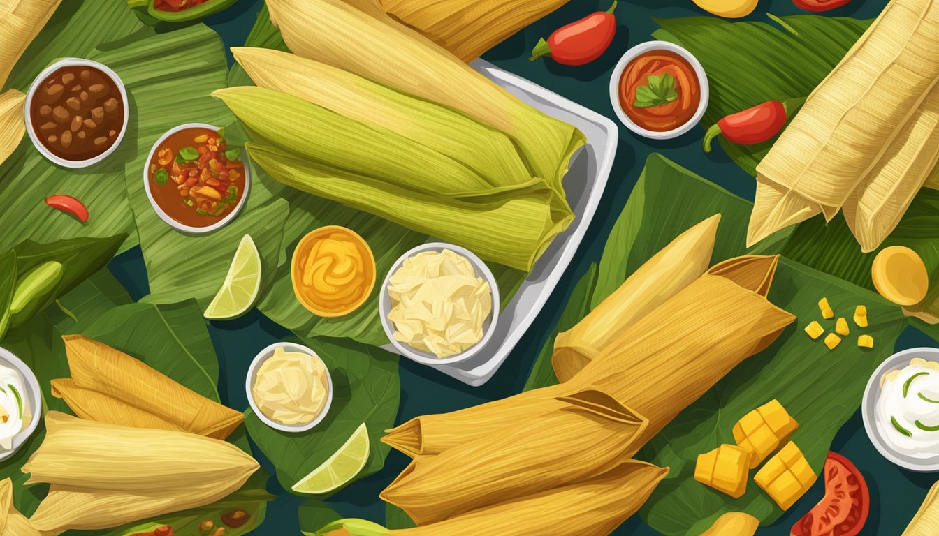 A variety of tamales spread out on a table, some wrapped in corn husks and others in banana leaves, with different fillings and toppings