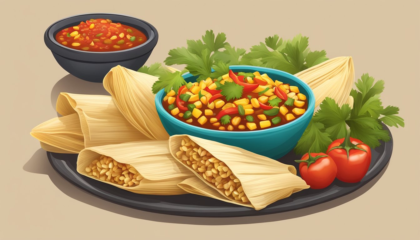 A steaming plate of tamales, unwrapped and topped with salsa, surrounded by vibrant ingredients like corn husks, chili peppers, and fresh cilantro