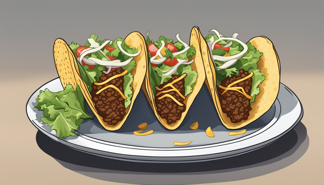 A beef taco sits on a plate, topped with lettuce, cheese, and salsa. The taco shell is filled with seasoned ground beef and is ready to be picked up and eaten