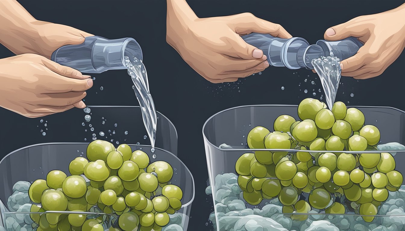 A hand reaching for a bunch of grapes, plucking one off and inspecting it, then rinsing the grape under running water before popping it into the mouth