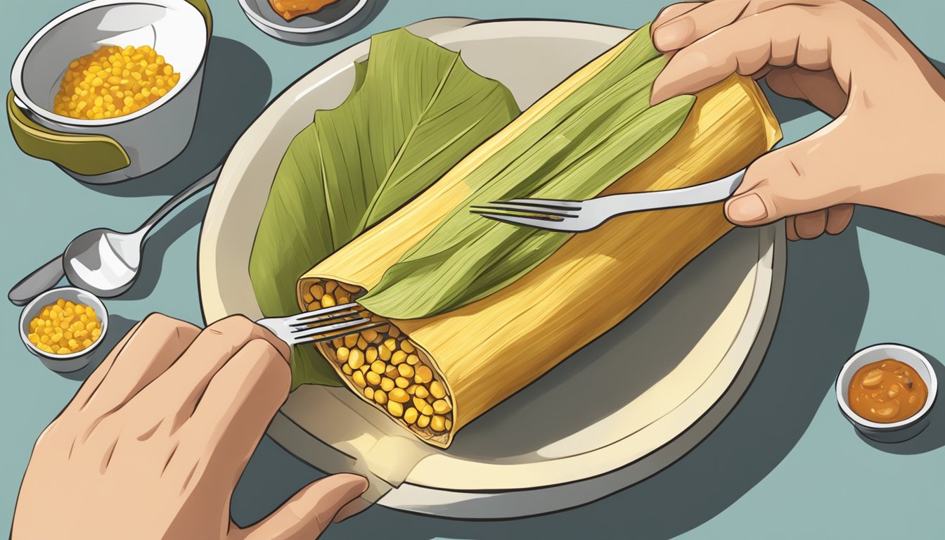 A person unwraps a steamed corn husk to reveal a tamale filled with savory meat and masa, taking a bite with a fork