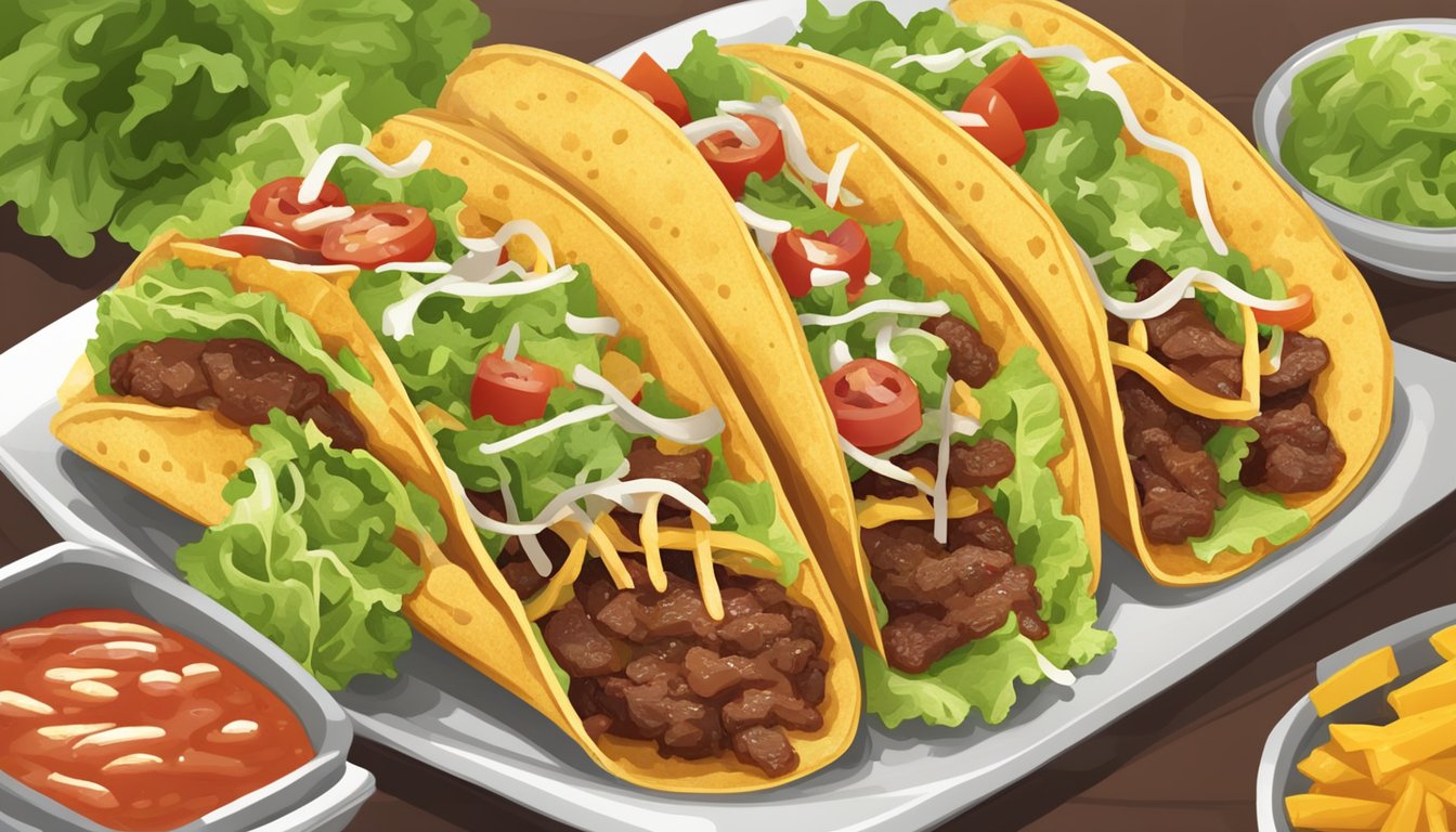 A beef taco being assembled with layers of seasoned meat, lettuce, cheese, and salsa in a crispy shell