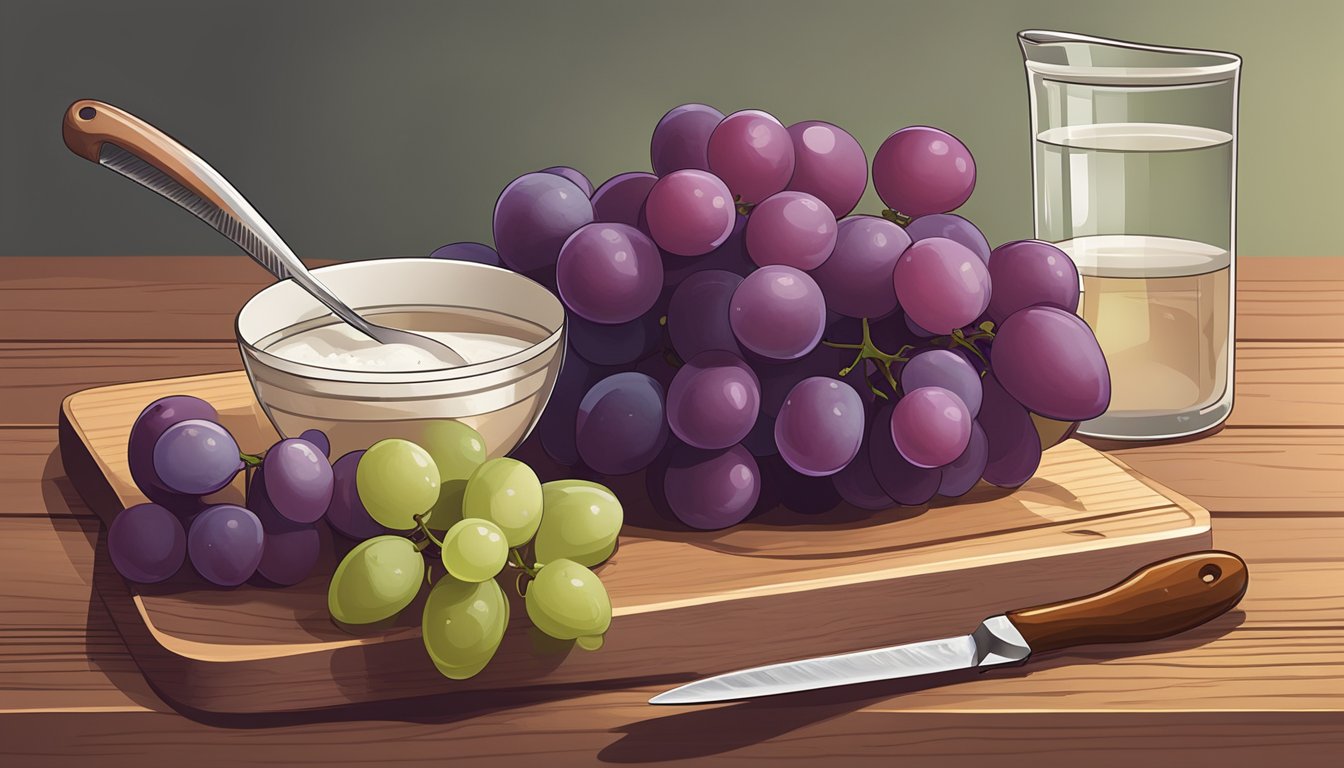 A bunch of grapes sits on a wooden cutting board, surrounded by a measuring cup and a nutrition label. A single grape is being sliced in half with a knife