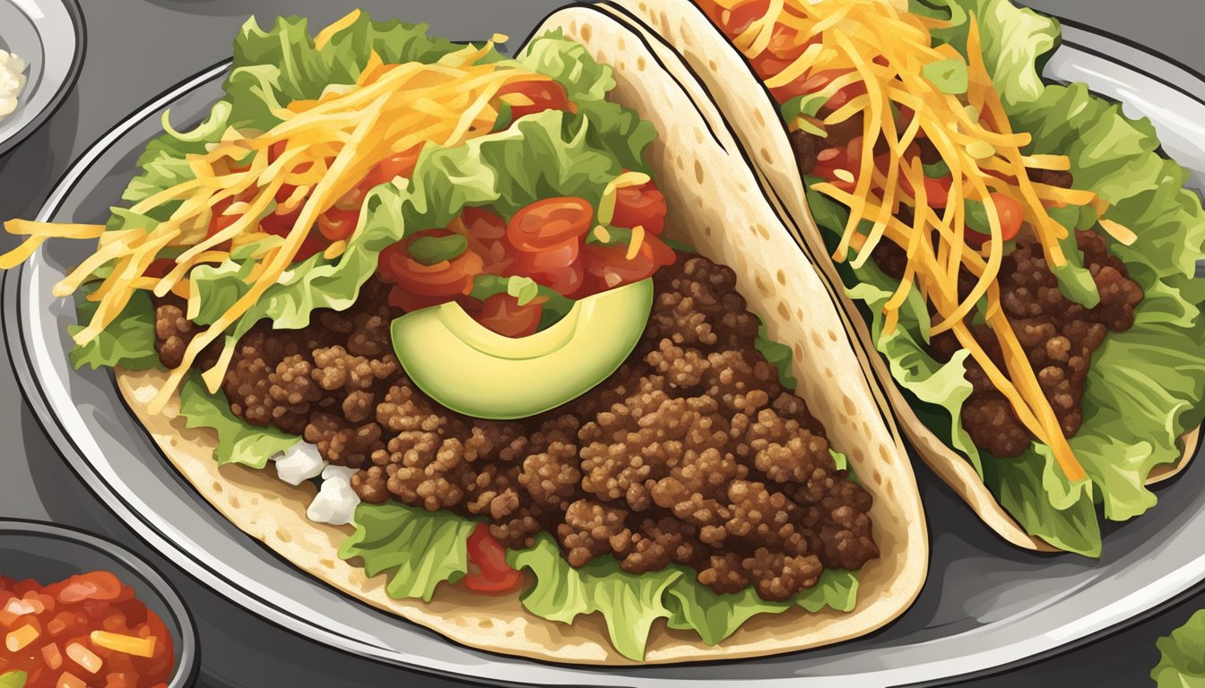 A beef taco being eaten with a crunchy shell, filled with seasoned ground beef, lettuce, cheese, and salsa