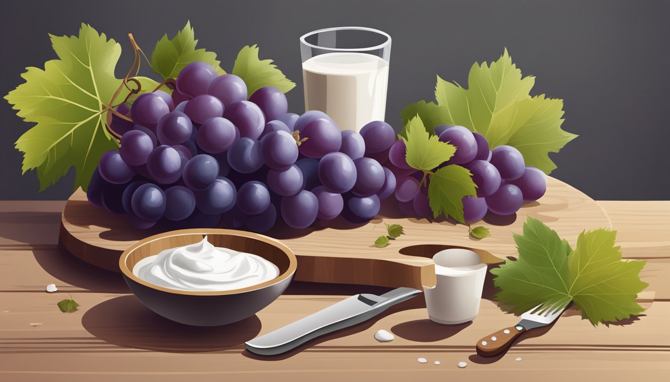 A bunch of grapes sits on a wooden cutting board, surrounded by scattered grape leaves. A knife and a small bowl of yogurt are nearby