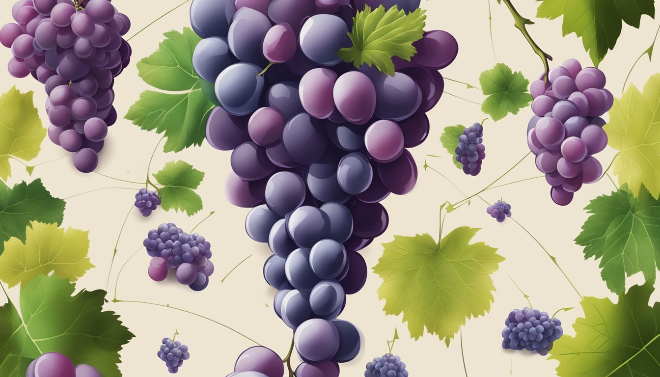 A cluster of grapes suspended in mid-air, with a series of arrows pointing towards various innovative grape-based products surrounding it