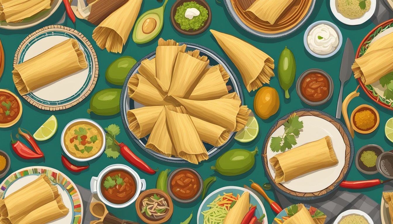 A plate of tamales surrounded by other Mexican dishes, with utensils nearby