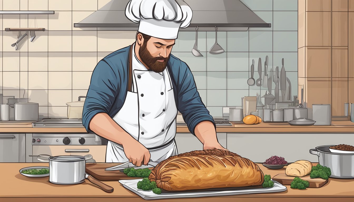 A chef prepares a beef Wellington, seasoning and searing the beef before wrapping it in puff pastry