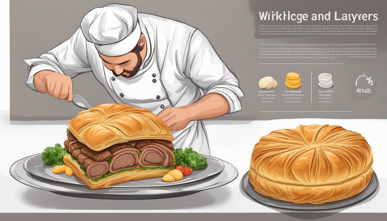 A chef layers puff pastry, beef, and duxelles, then wraps and bakes the beef Wellington