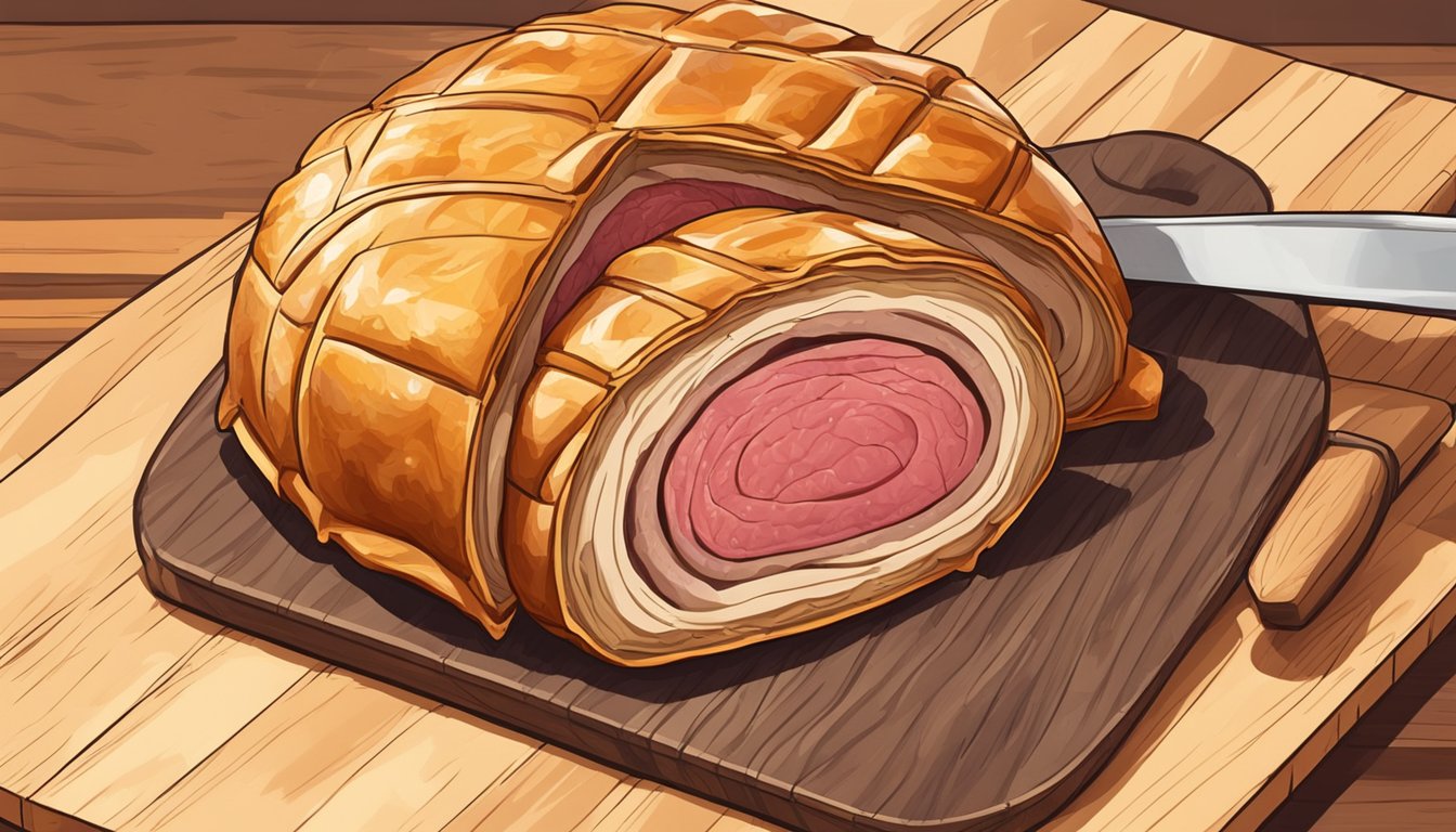 A golden-brown beef Wellington sits on a cutting board, steam rising from the flaky pastry as it is sliced open to reveal the perfectly cooked beef inside