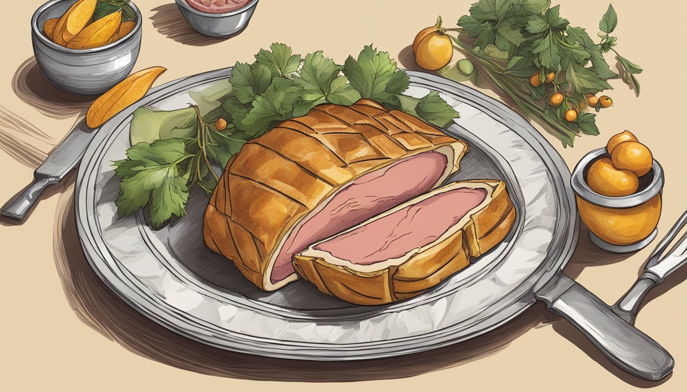 A beef wellington being sliced and served on a decorative platter with garnishes