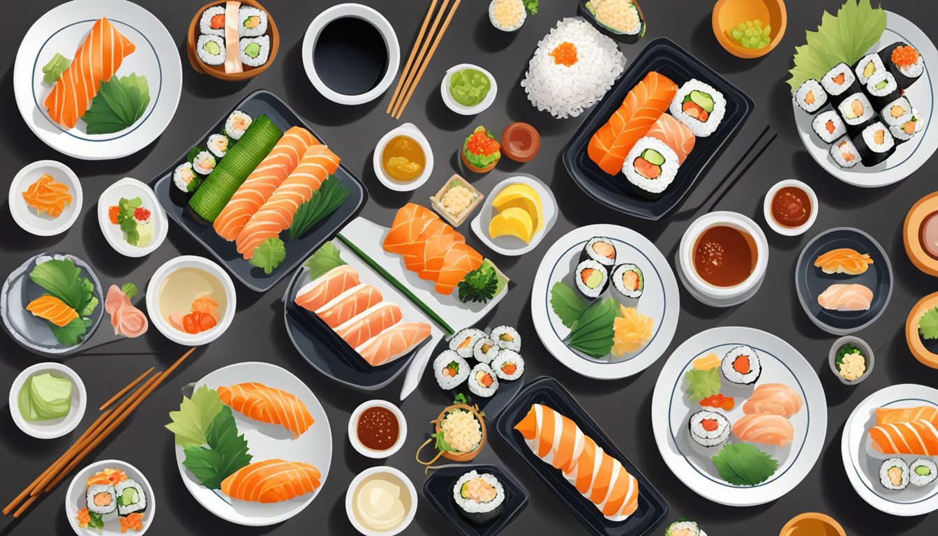 A plate of sushi with various condiments arranged neatly around it