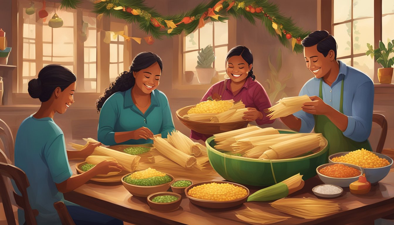 A family gathers around a table, unwrapping steaming tamales from corn husks, surrounded by festive decorations and traditional music