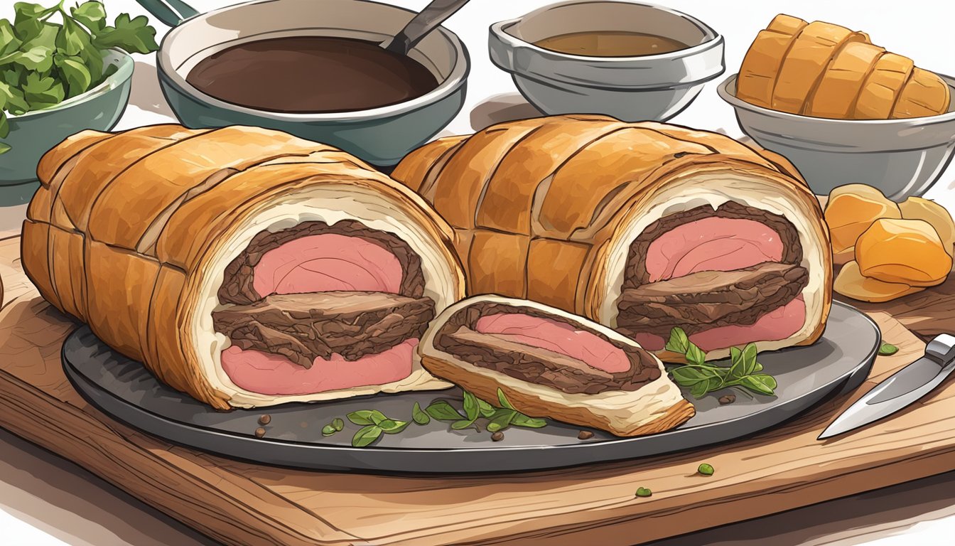 A knife slicing into a perfectly cooked beef wellington, revealing layers of tender beef, mushroom duxelles, and flaky pastry