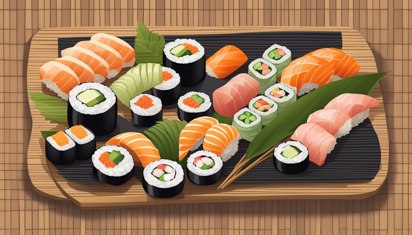 A wooden sushi board with assorted sushi rolls, pickled ginger, wasabi, and soy sauce arranged neatly on a bamboo mat