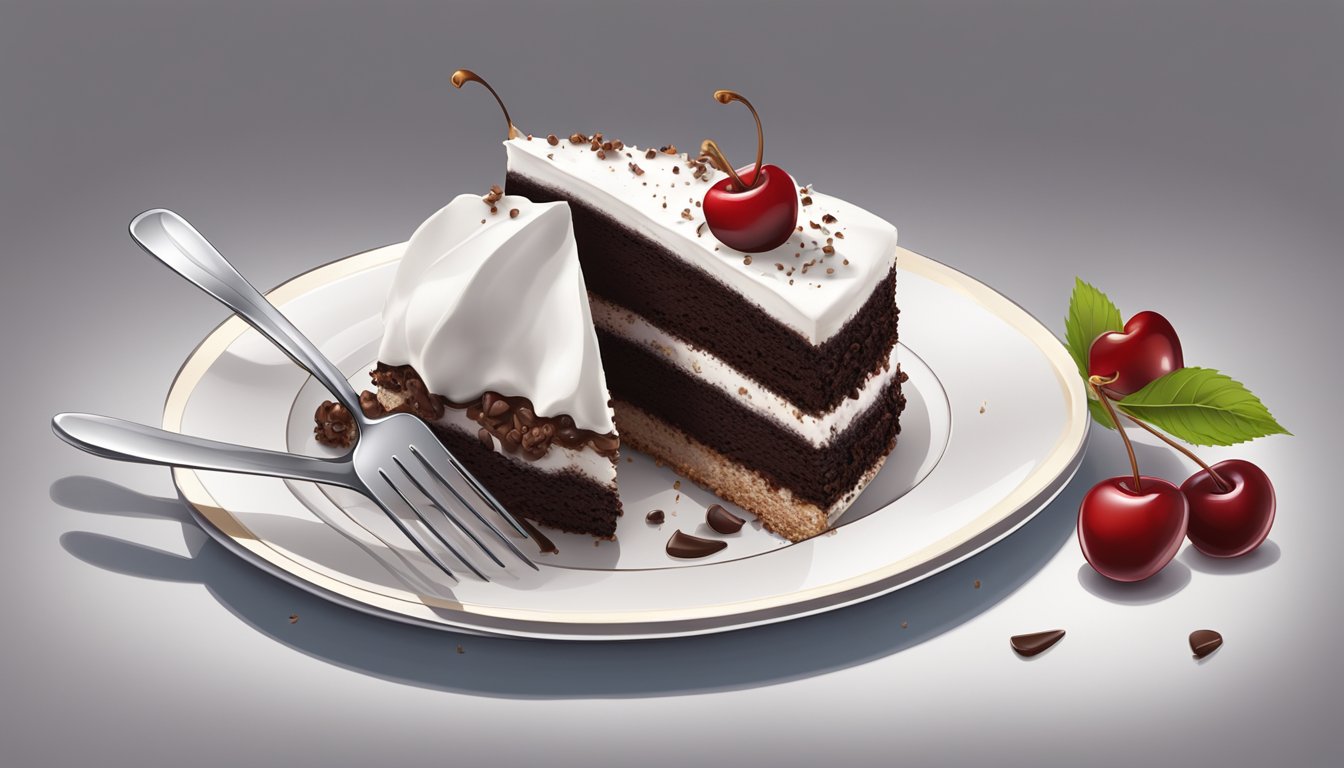 A slice of black forest cake on a white porcelain plate with a silver fork beside it. Red cherries and chocolate shavings adorn the top