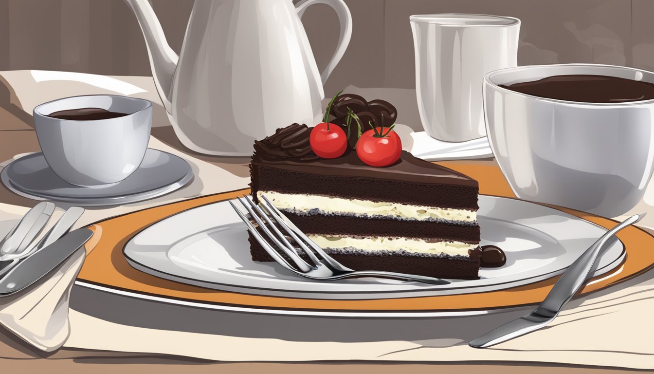 A table set with a slice of Black Forest cake on a plate, accompanied by a fork and a napkin