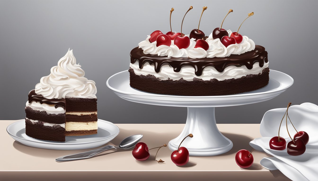 A black forest cake sits on a white porcelain cake stand, adorned with whipped cream, chocolate shavings, and cherries. A silver cake server is positioned next to it