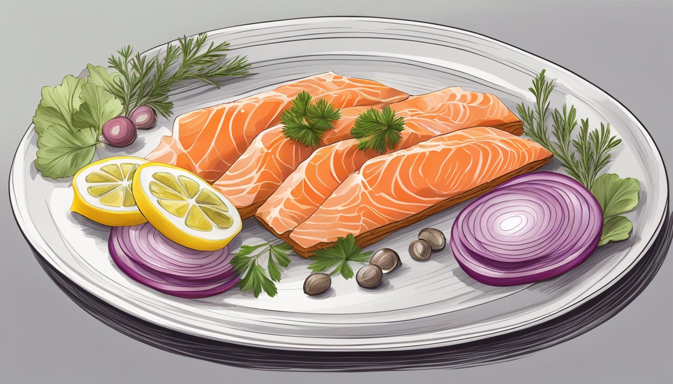 A plate with smoked salmon slices, accompanied by capers, red onions, and lemon wedges