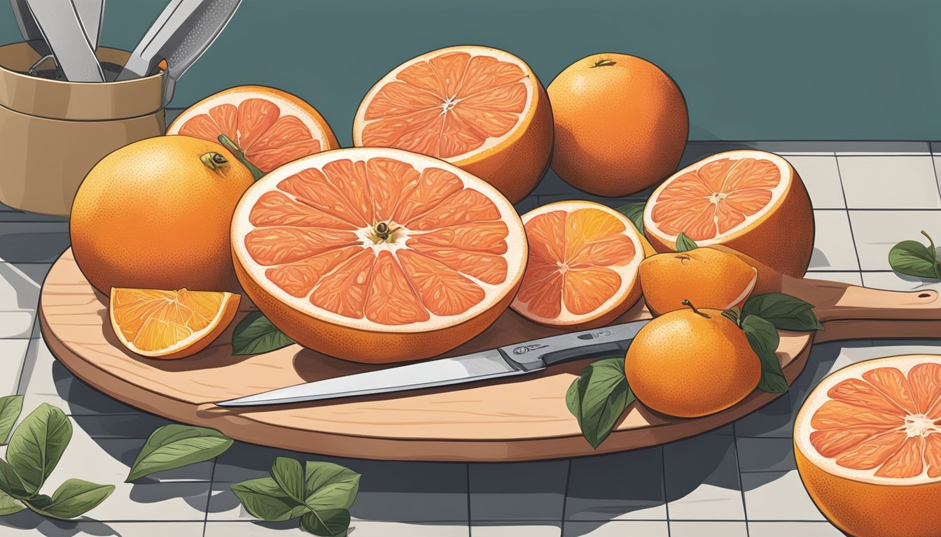 A hand reaches for a ripe grapefruit on a kitchen counter, a sharp knife nearby ready to slice it open