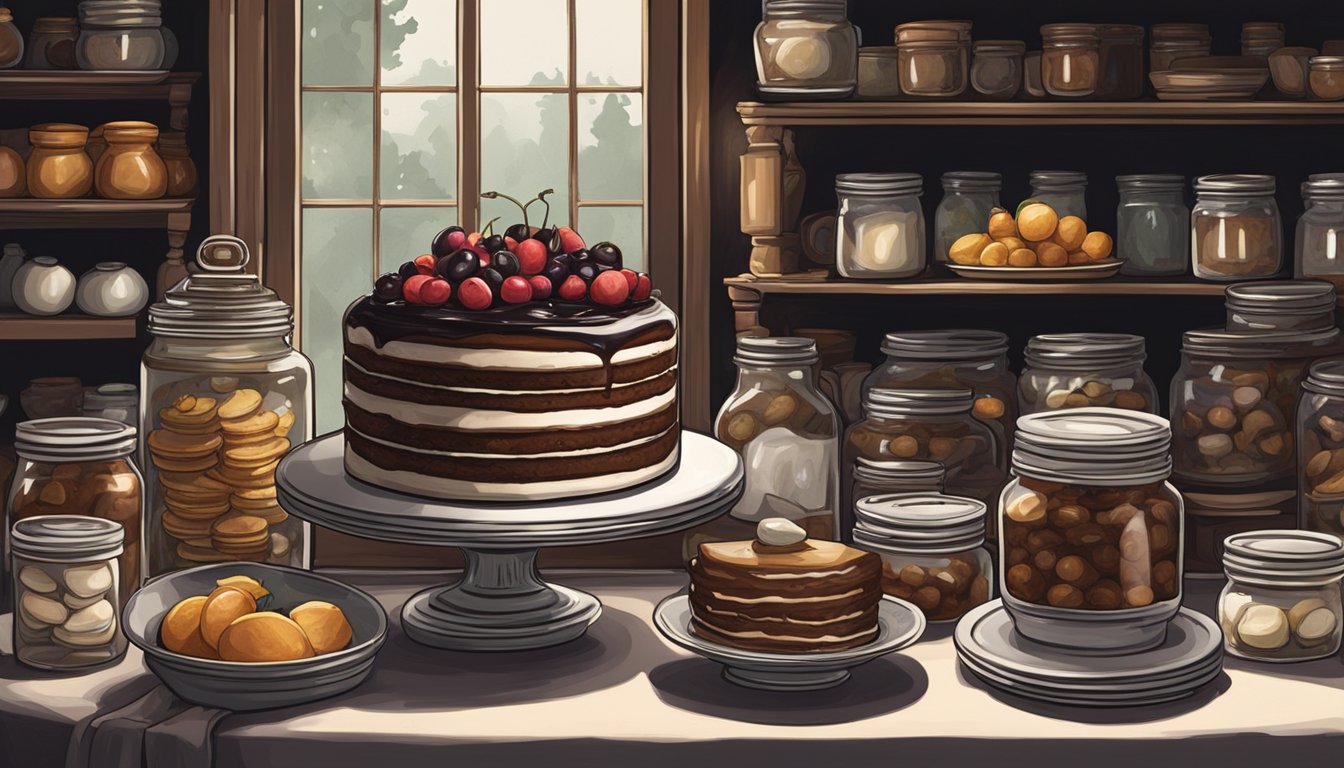 A black forest cake sits on a vintage cake stand in a dimly lit pantry, surrounded by jars of preserves and stacks of dessert plates