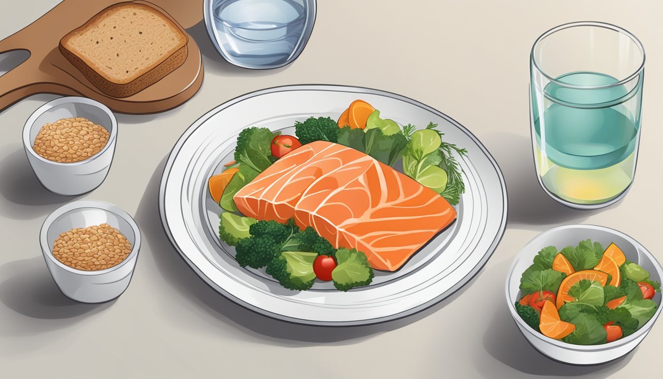 A plate of smoked salmon, surrounded by colorful vegetables and a side of whole grain bread, with a glass of water on the side