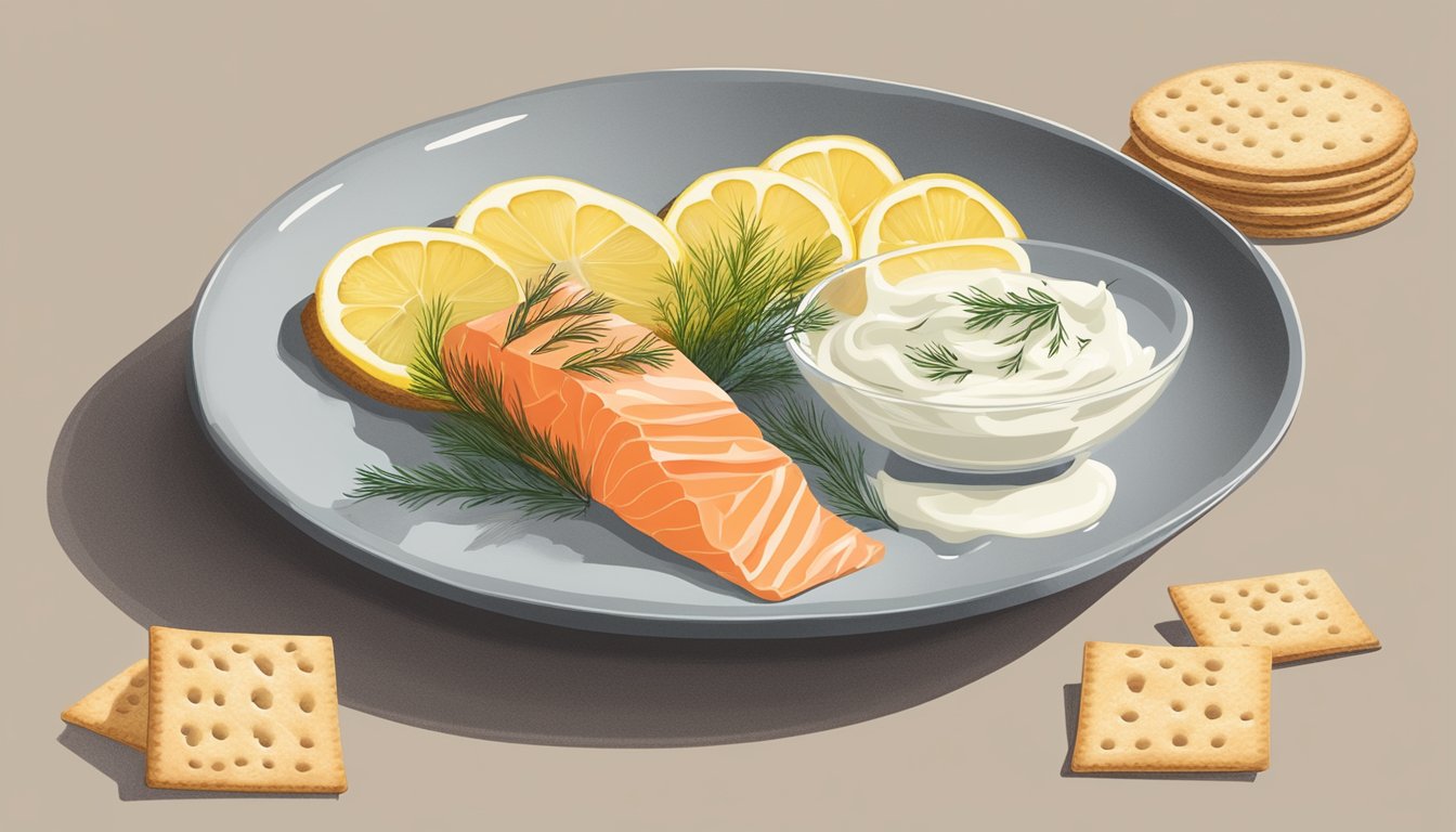 A plate with smoked salmon, lemon slices, and dill next to a stack of crackers and a small dish of cream cheese