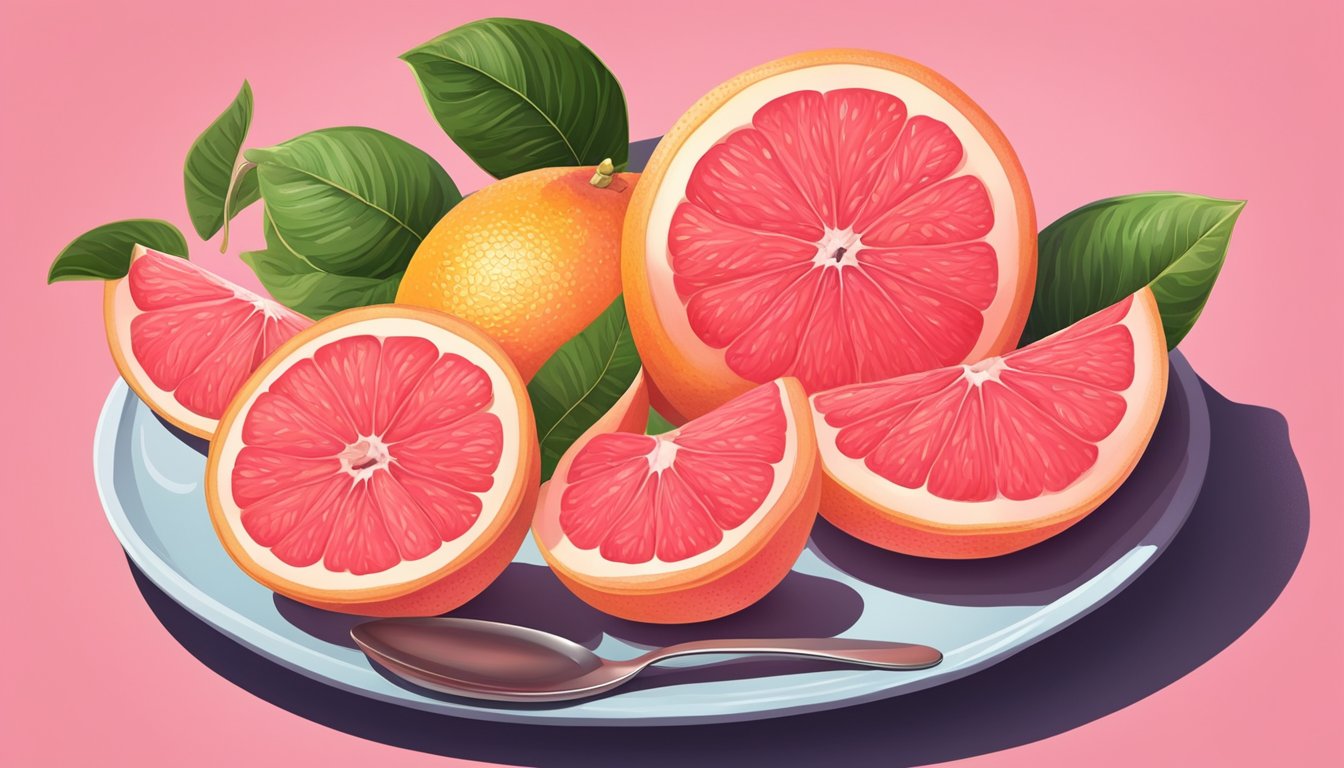 A grapefruit sits on a plate, its vibrant pink flesh exposed. A spoon scoops out juicy segments, the tangy aroma filling the air