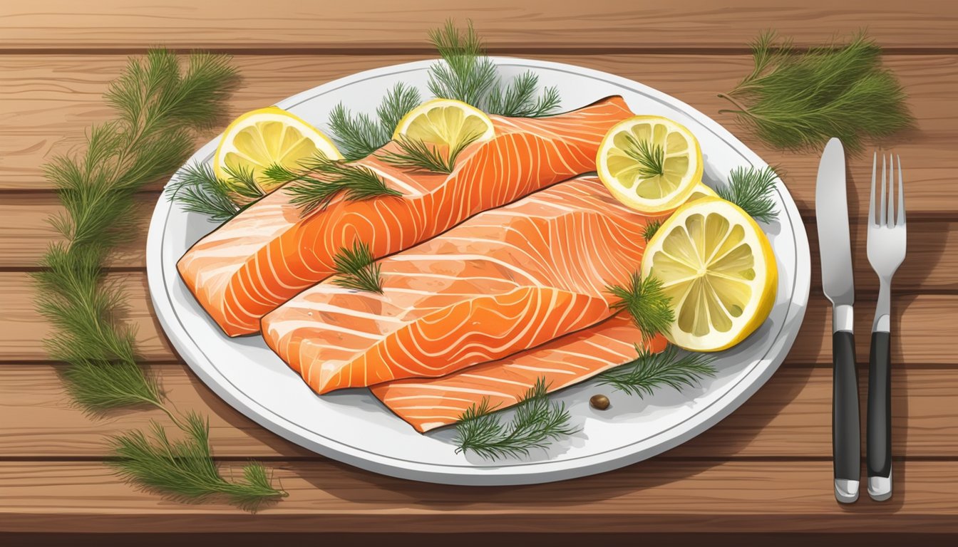 A plate with smoked salmon, sliced lemon, capers, and dill on a wooden board