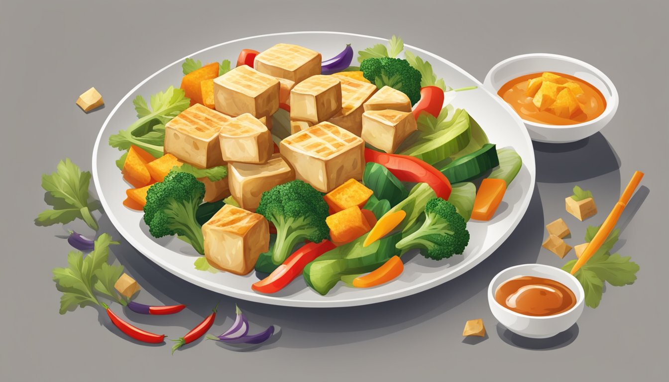 A plate of stir-fried tofu cubes surrounded by colorful vegetables and drizzled with savory sauce