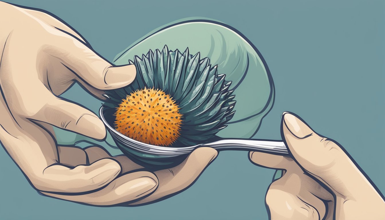 A hand holding a sea urchin, using a spoon to scoop out the edible part from the shell