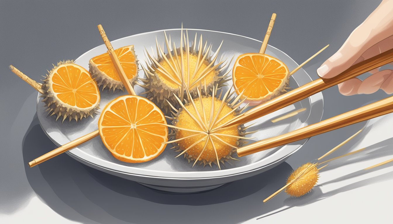 A pair of chopsticks delicately plucking the orange spines of a sea urchin, revealing the creamy yellow roe inside