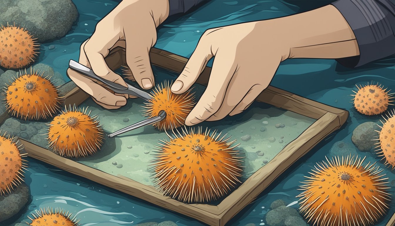 A diver carefully selects a quality sea urchin from the ocean floor, using a tool to extract the delicate roe inside