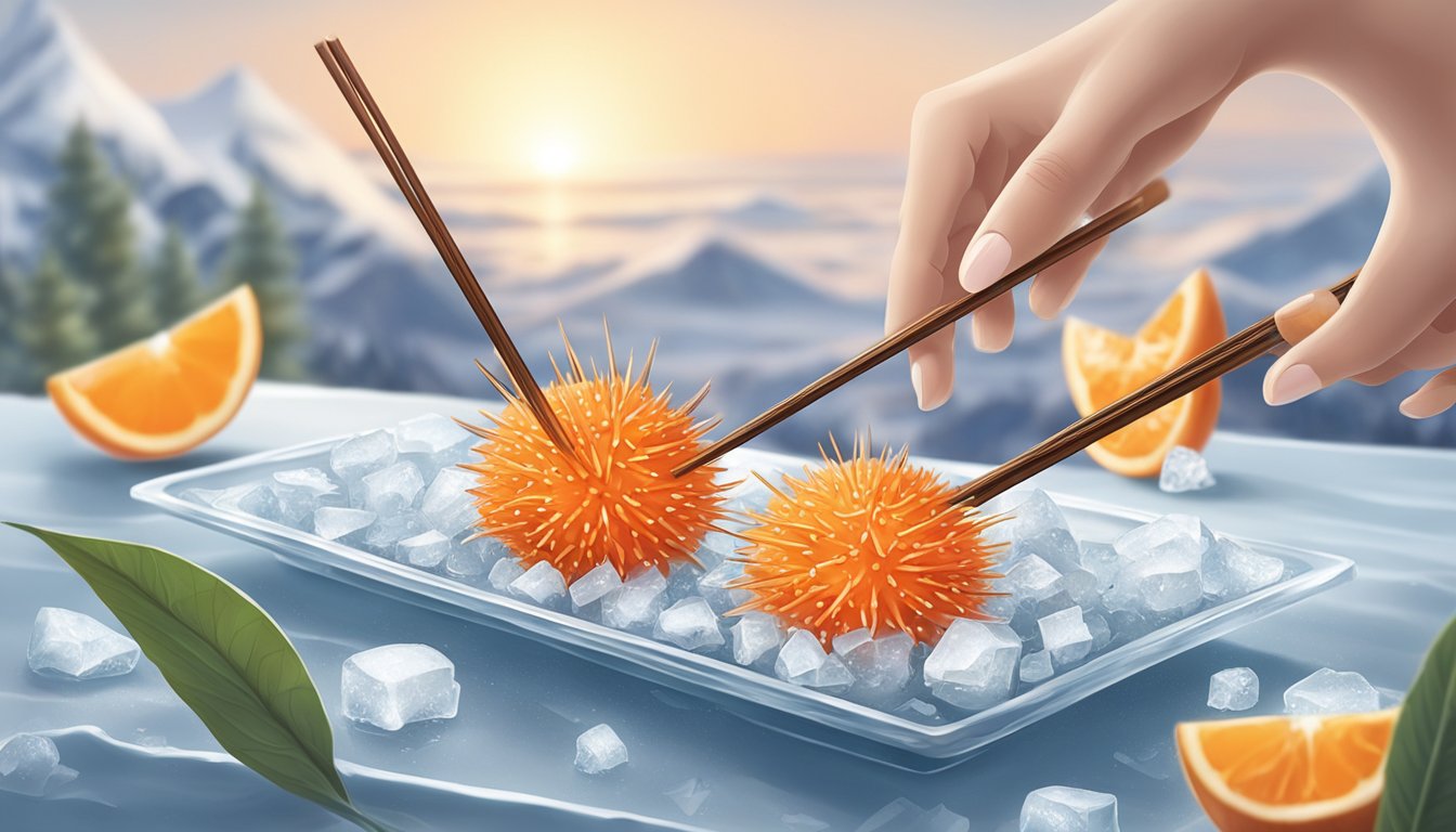 A pair of chopsticks delicately extracting the bright orange roe from a spiky sea urchin, placed on a bed of ice