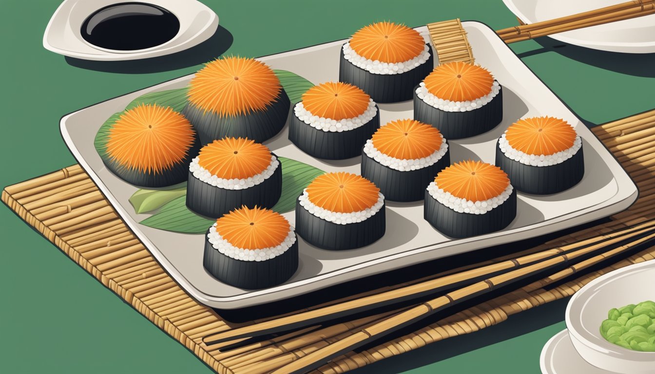 A plate of sea urchin sushi surrounded by slices of fresh ginger and a dollop of wasabi, with chopsticks resting on a bamboo mat