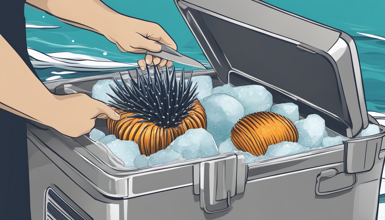 A hand reaching into a cooler filled with ice, pulling out a spiky sea urchin. A chef's knife nearby, ready to open and extract the delicacy