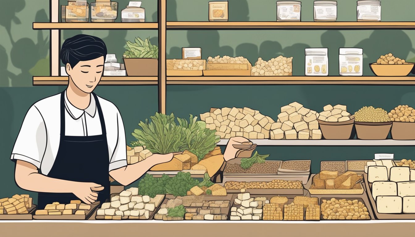 A person at a market, selecting various types of tofu from a display, with a helpful employee providing advice on different ways to prepare and eat it