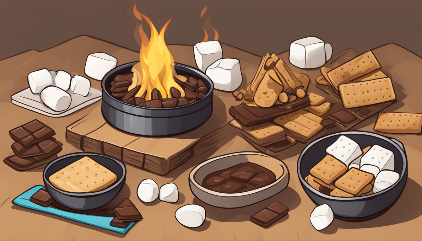 A campfire with marshmallows, chocolate, and graham crackers laid out for making s'mores