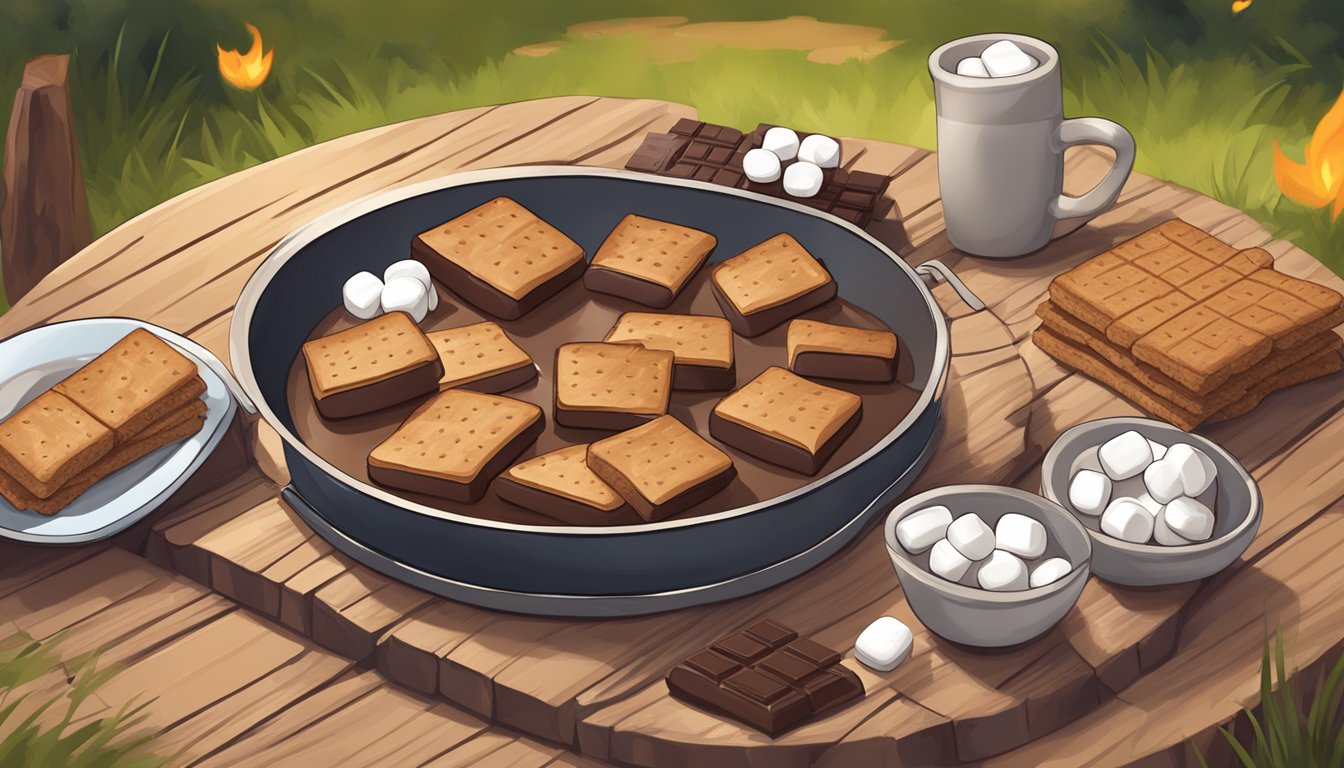 A campfire with marshmallows and chocolate placed on graham crackers