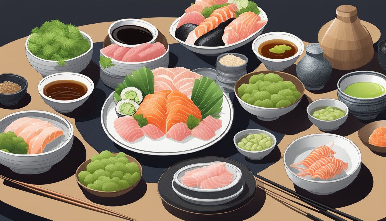 A plate of sashimi surrounded by small dishes of soy sauce, wasabi, and pickled ginger