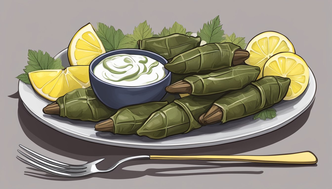 A plate of stuffed grape leaves surrounded by small dishes of lemon wedges and yogurt, with a fork nearby