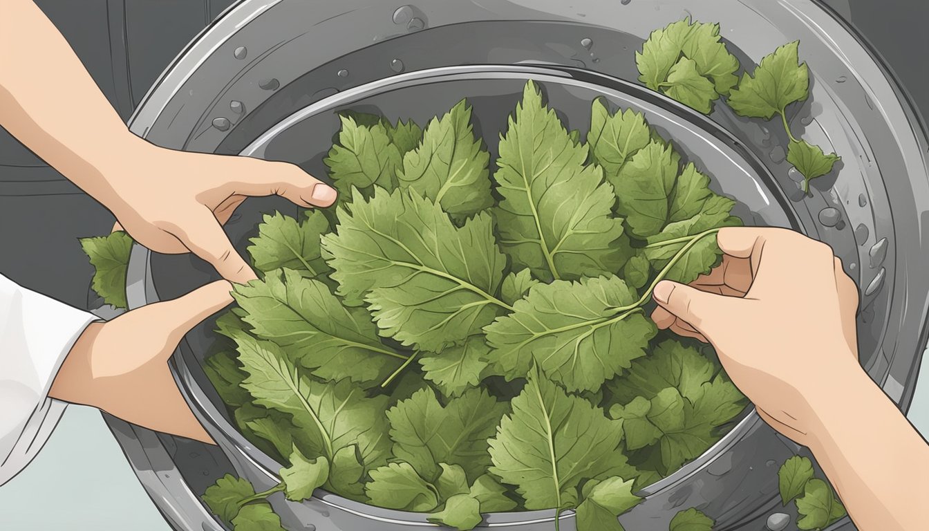 A hand-picked grape leaf being gently washed and then stuffed with rice and herbs before being rolled into a neat bundle