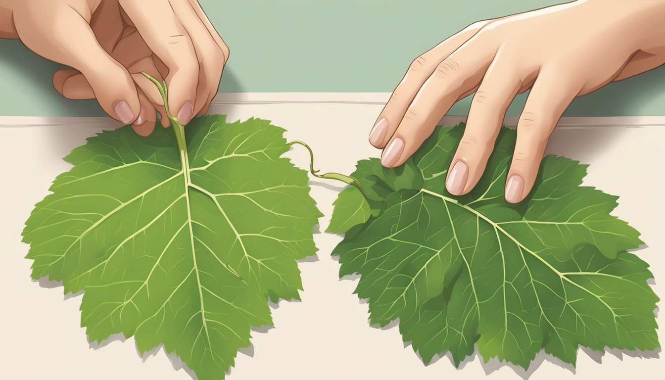 A grape leaf being carefully filled and rolled by delicate fingers